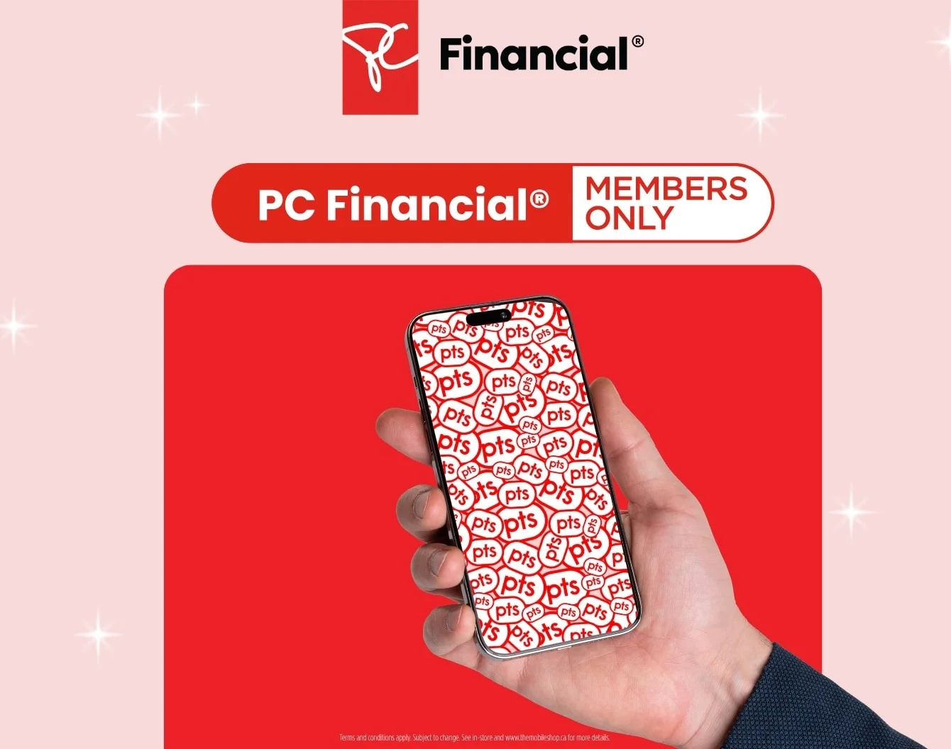 A hand holds a phone displaying an image of a man scrolling on his phone against a red rectangle on a light pink background.